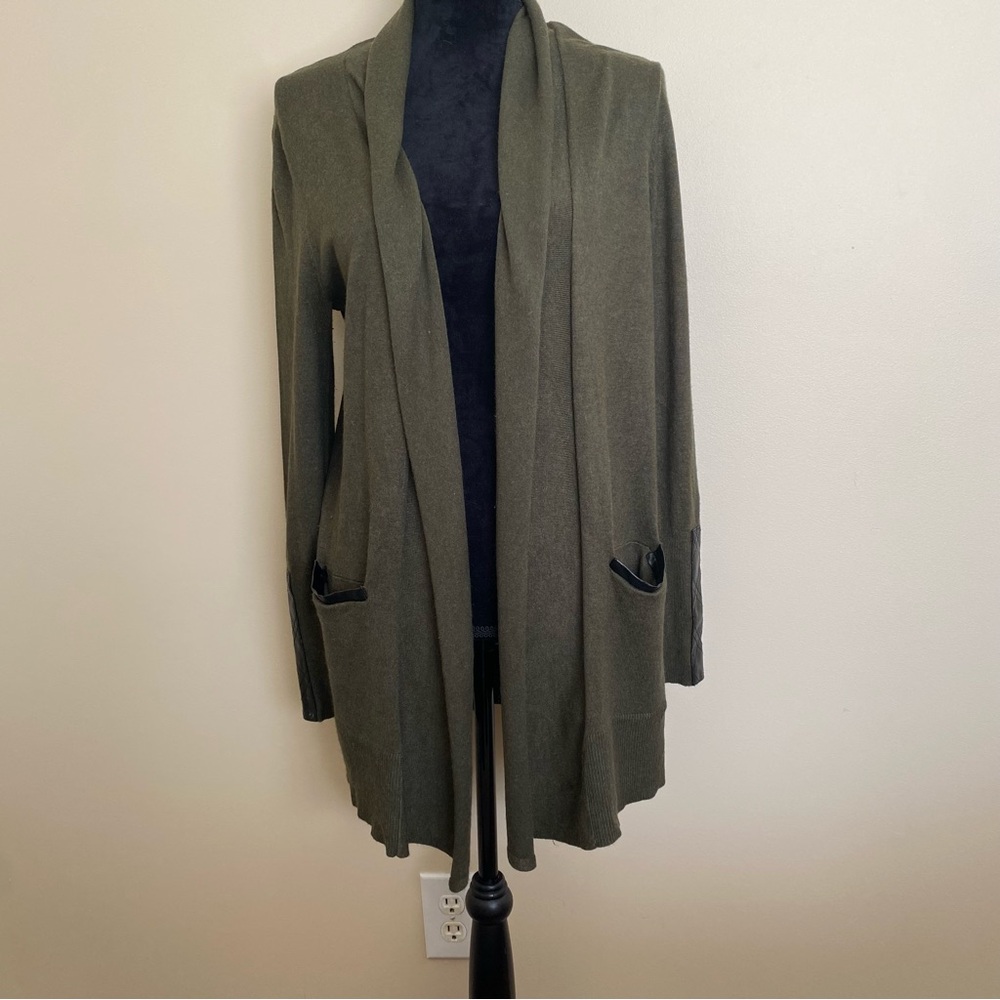 Women’s Sweater Size M Olive Green Faux leather detail on pockets and sleeves